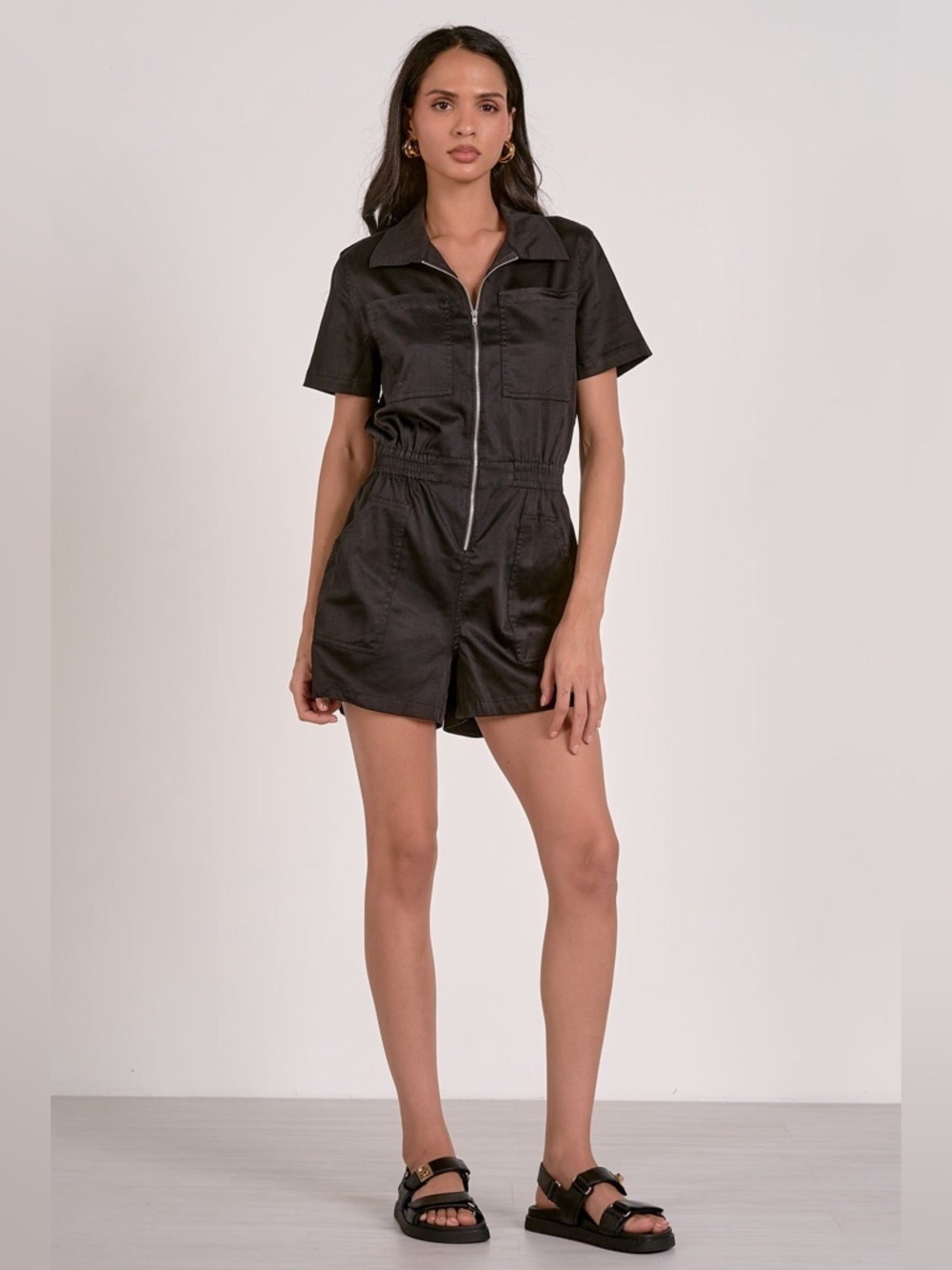 Elan Black Short-Sleeve Zip Front Romper- Sz Med & Small-‘NWT